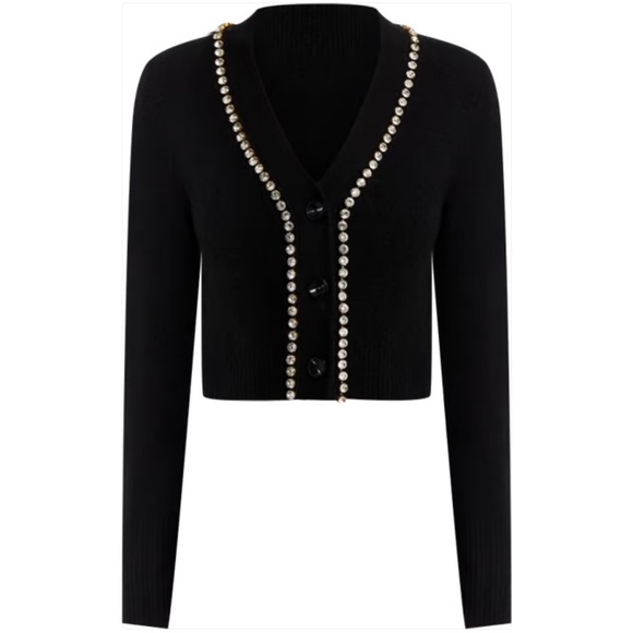 Luxurious 100% Cashmere V Neck Cardigan with Rhinestone Detail By Aqua in Black - Picture 1 of 7